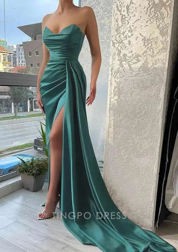 TingPo Wholesale Elegant Trumpet/Mermaid Sweetheart Strapless Court Train Satin Prom Dress With Pleated Split